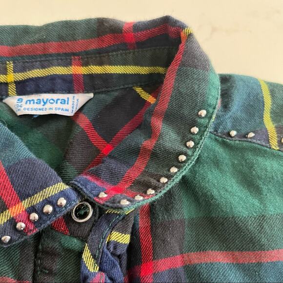 Mayoral Girls Green Tartan Plaid Ruffle Front Studded Button Up Shirt Size 8/9 - Picture 3 of 7